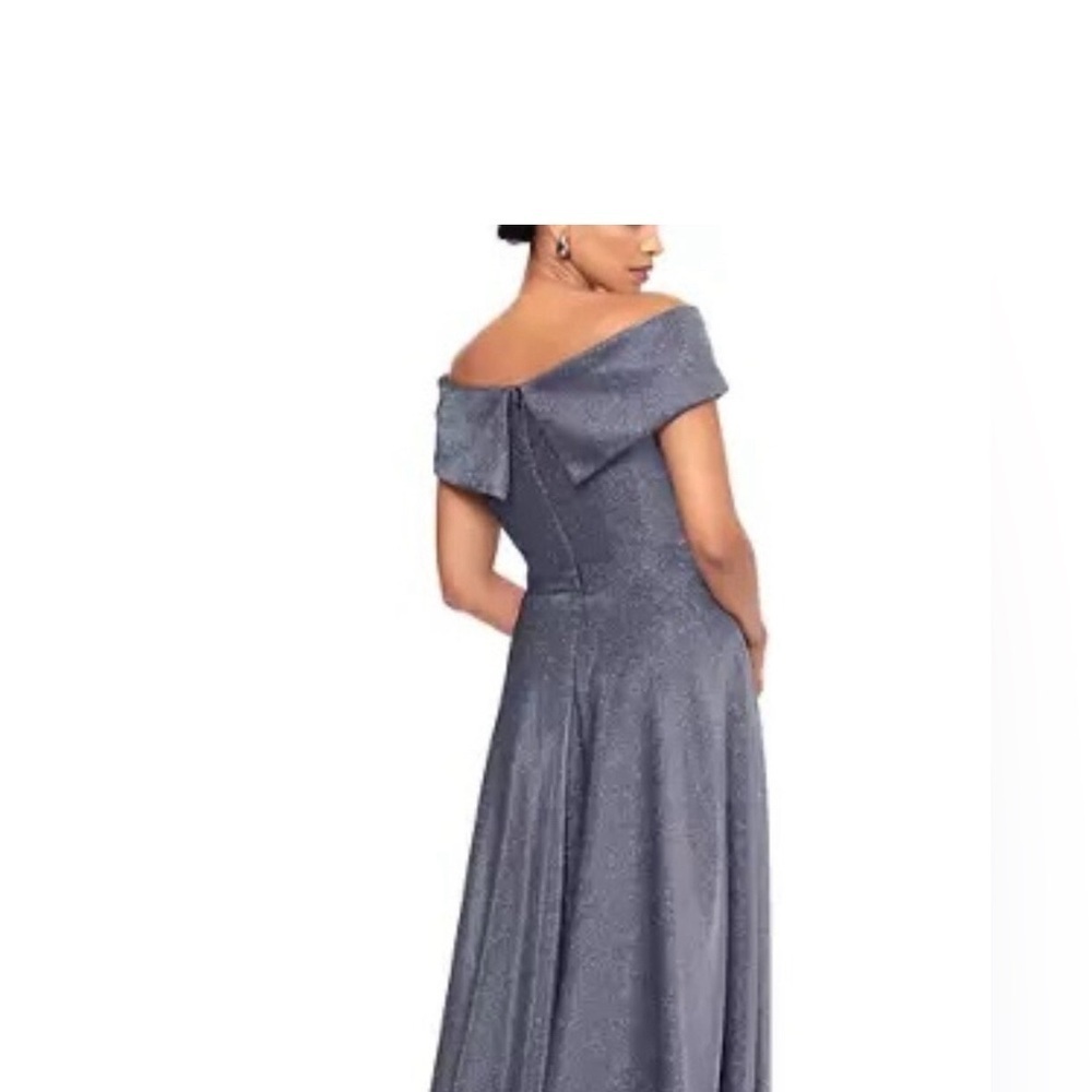 Xscape Off‎ the Shoulder V-Neck Silver Sprakly Fit and Flare Gown Dress - Picture 3 of 9